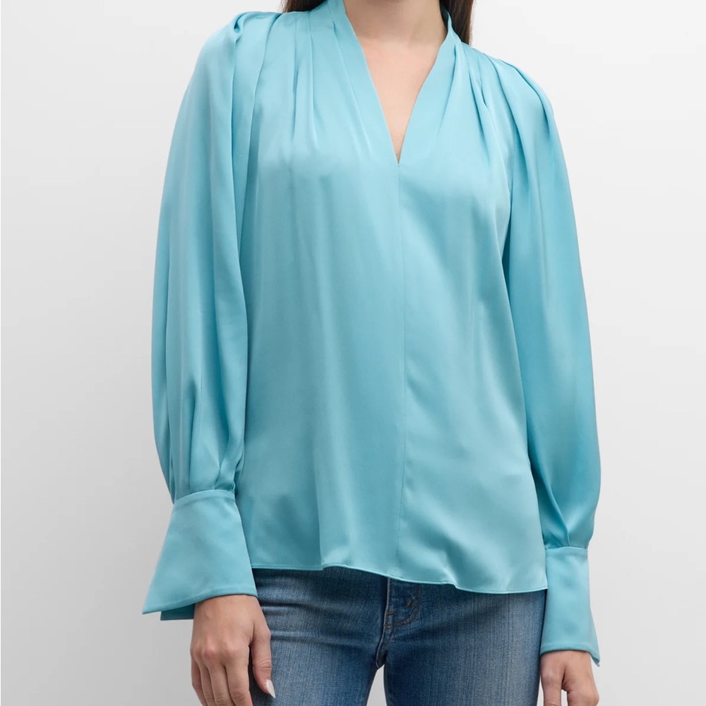 Kobi Halperin Nanee Pleated Silk Longsleeve V Neck Blouse Blue Teal Size Large